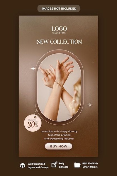 This creative uses a sophisticated brown gradient background with an elegant oval frame to showcase a new jewelry collection, highlighting a 30% discount.